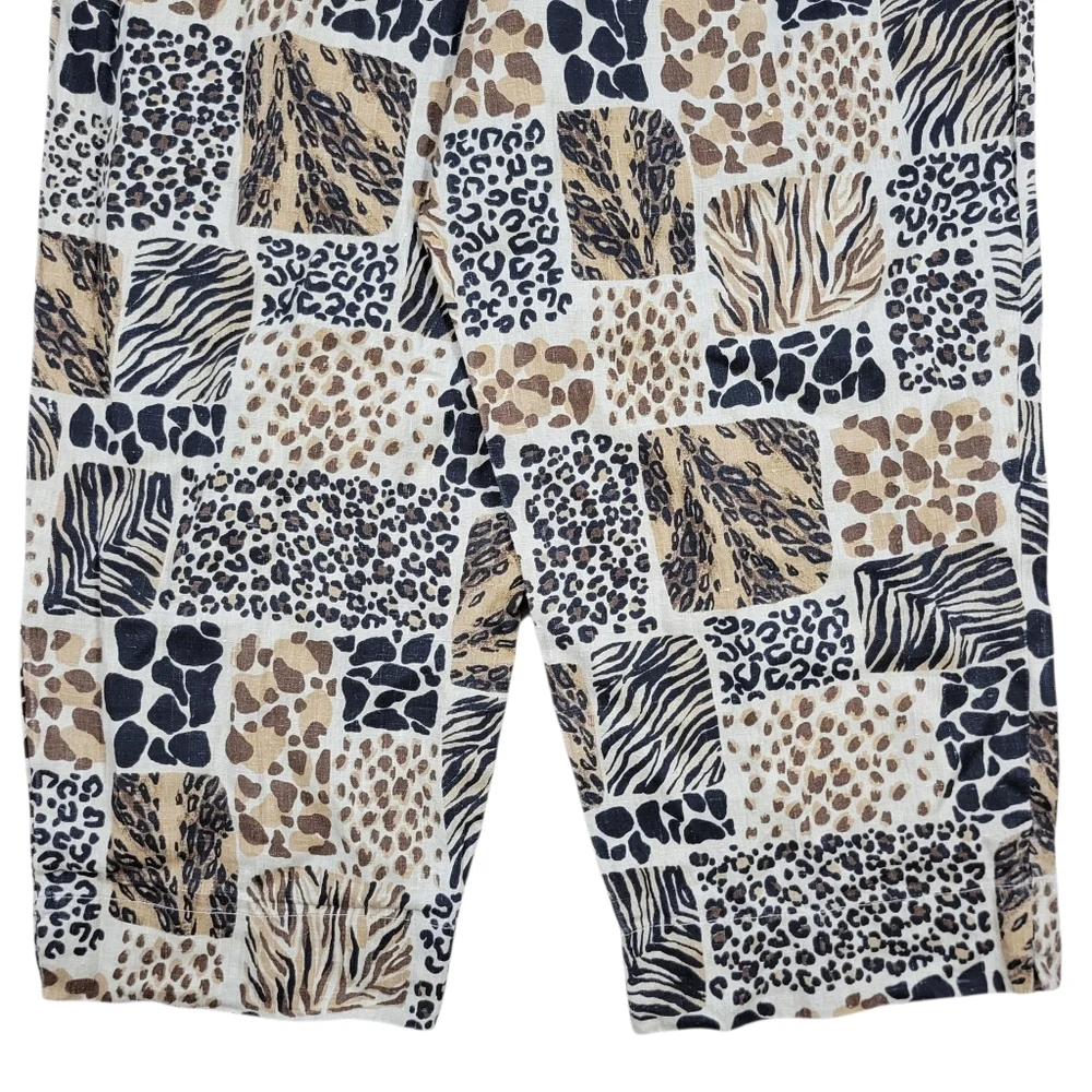 Hot Cotton 100% Linen Pants Womens 1X Brown Animal Print Pull On Cropped Casual - Picture 7 of 11